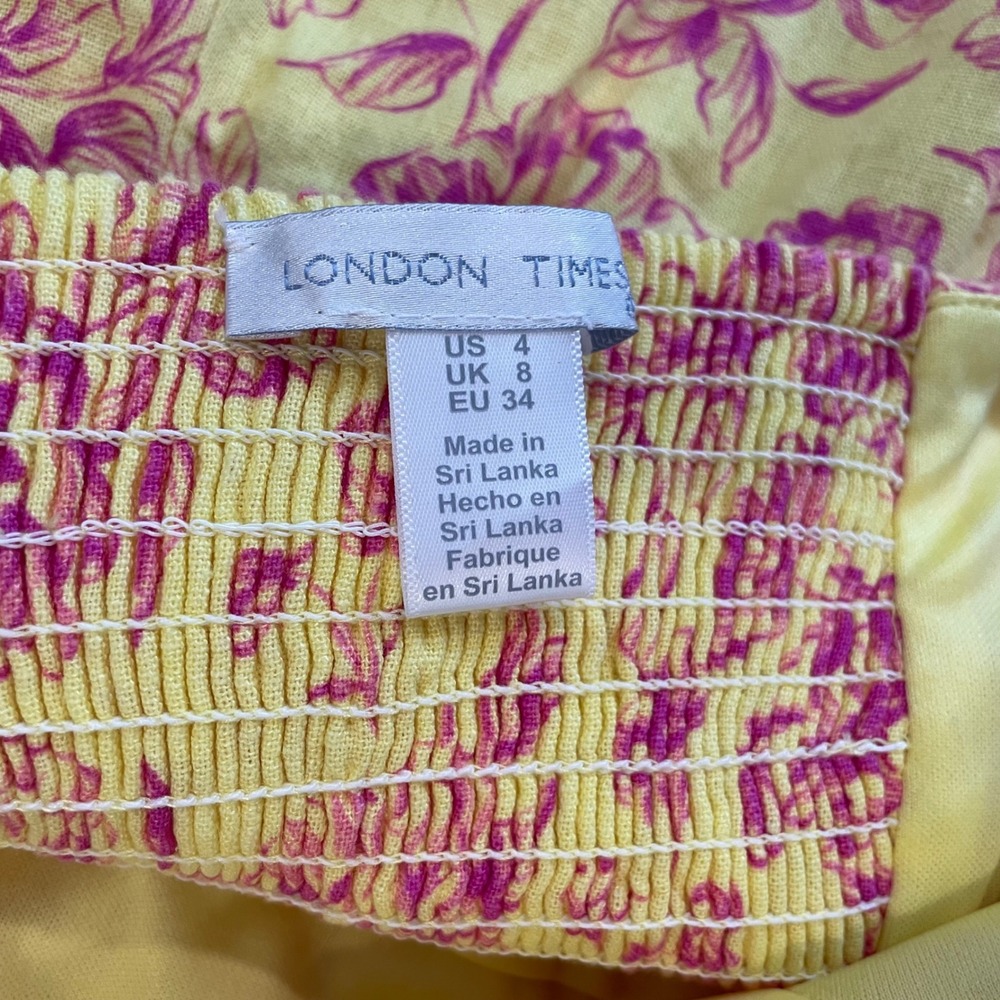 London Times Yellow Pink Floral Linen Smocked Puff Sleeve Maxi Dress 4 Milkmaid - Picture 9 of 9